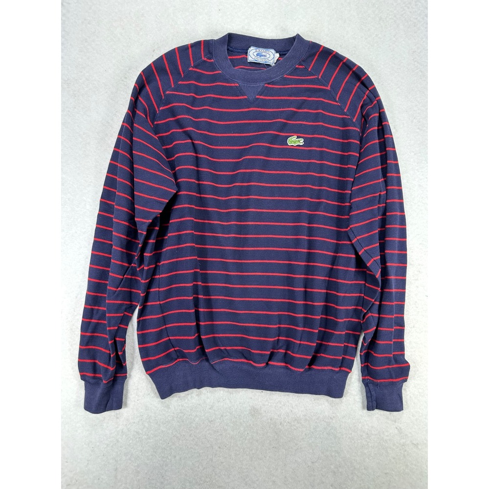 Vintage Izod Lacoste Mens Large Striped Crewneck Sweatshirt Navy Blue Red Cotton